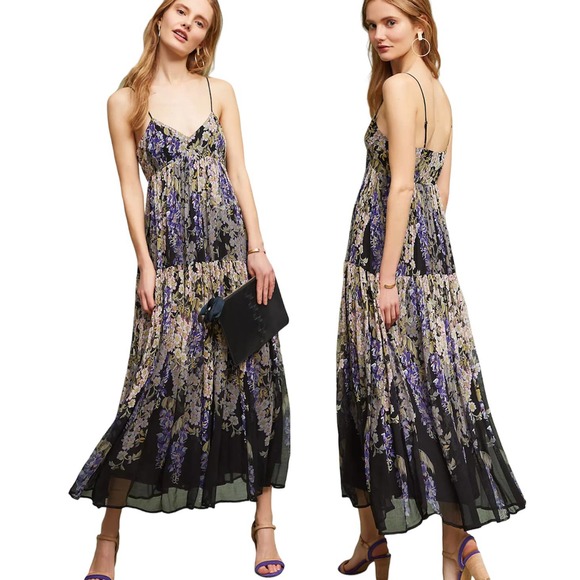 Anthropologie Dresses & Skirts - Anthropologie Purple Floral Maxi Patch Layer Strappy V-Neck Black Maxi Dress | 2